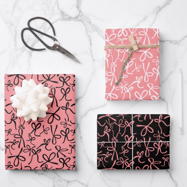Hoja De Papel De Regalo Whimsical Cute Pink Black Bows Pattern Girly Gift (Anverso)