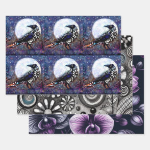 Hoja De Papel De Regalo Whimsical Raven Floral Black Purple Decoupage