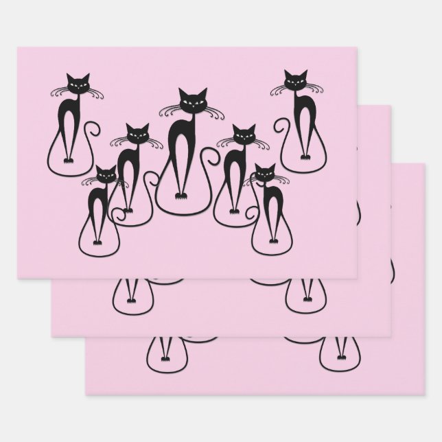 Hoja De Papel De Regalo Whimsical Skinny Black Cat Rosa (Set)