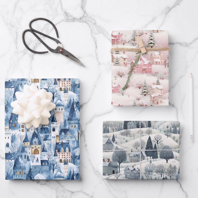 Hoja De Papel De Regalo Whimsical Snowy Winter Village Holiday Pattern  (Anverso)