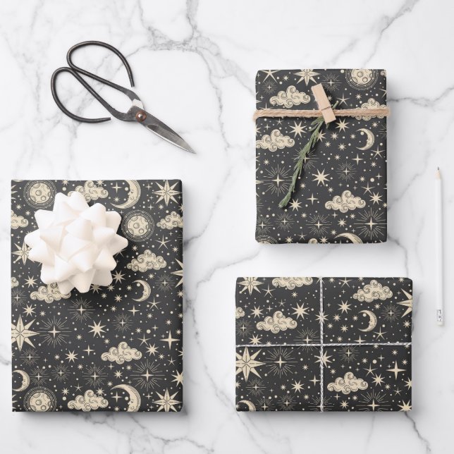 Hoja De Papel De Regalo Whimsical Star Moon Planetas Nubes (Anverso)