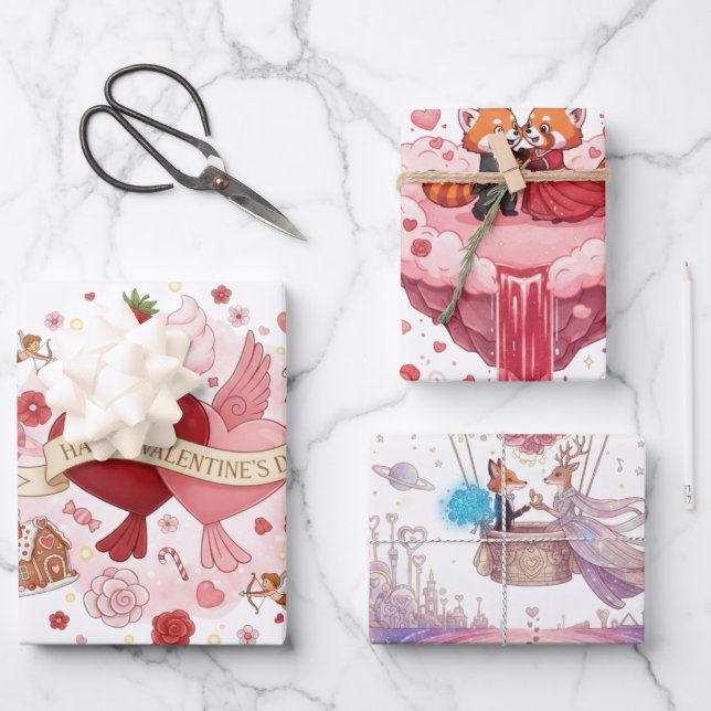 Hoja De Papel De Regalo "Whimsical Valentine" Mixed Illustration Wrapping  (Anverso)