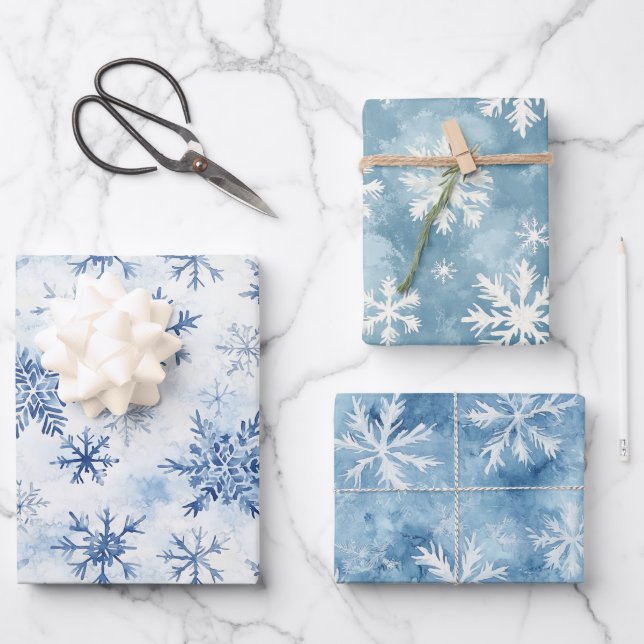 Hoja De Papel De Regalo White Blue Christmas Winter Snowflakes (Anverso)