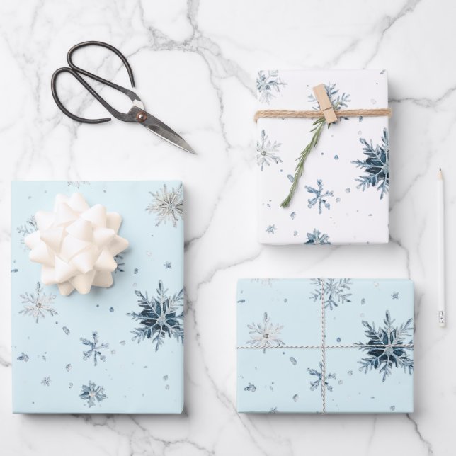 Hoja De Papel De Regalo White Blue Snowflakes Christmas (Anverso)