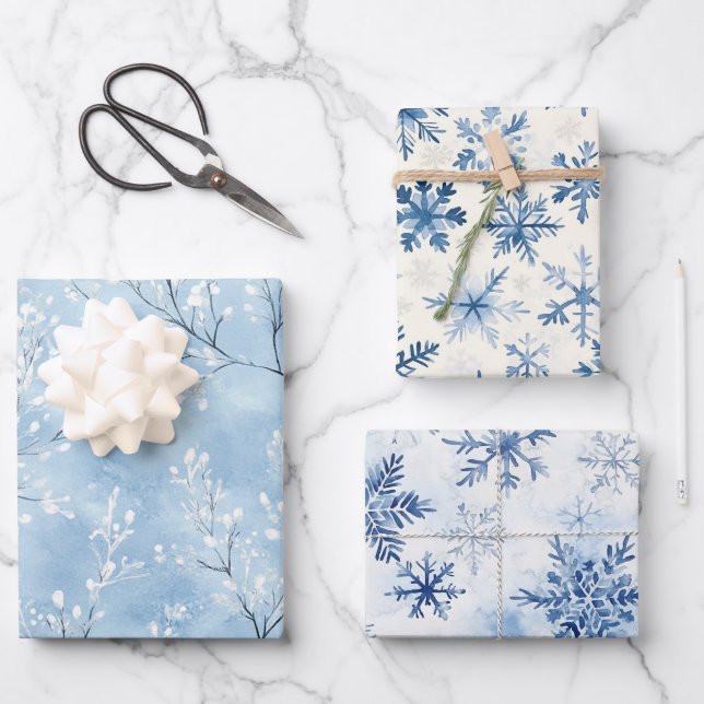 Hoja De Papel De Regalo White Blue Snowflakes Winter Christmas (Anverso)