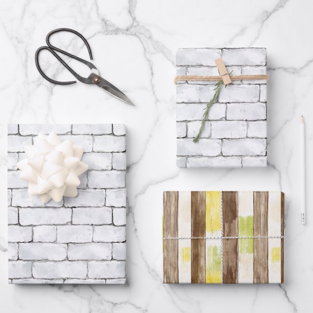 Hoja De Papel De Regalo White Bricks Brown Lemon Yellow Green Stripes (Anverso)