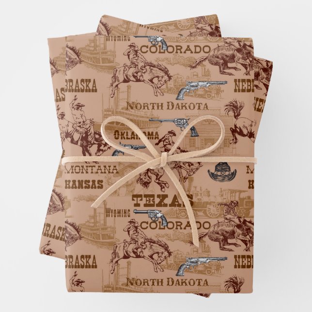 Hoja De Papel De Regalo Wild West Rodeo Cowboys Broncos Seis Shooters (In situ)