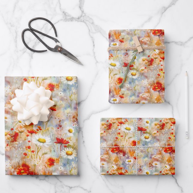 Hoja De Papel De Regalo Wildflowers Meadow Red Poppies Daisies (Anverso)