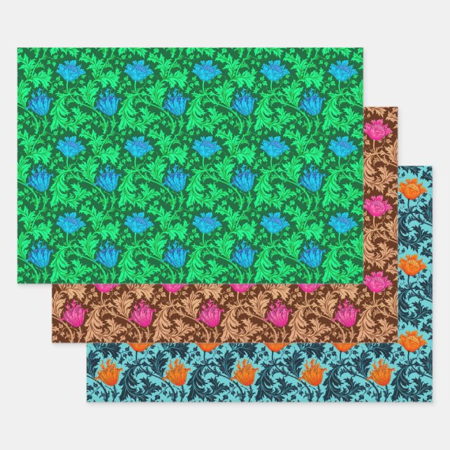 Hoja De Papel De Regalo William Morris Anemone, Green, Brown y Blue (Set)