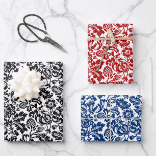Hoja De Papel De Regalo William Morris Damask Black & White, Red, Blue