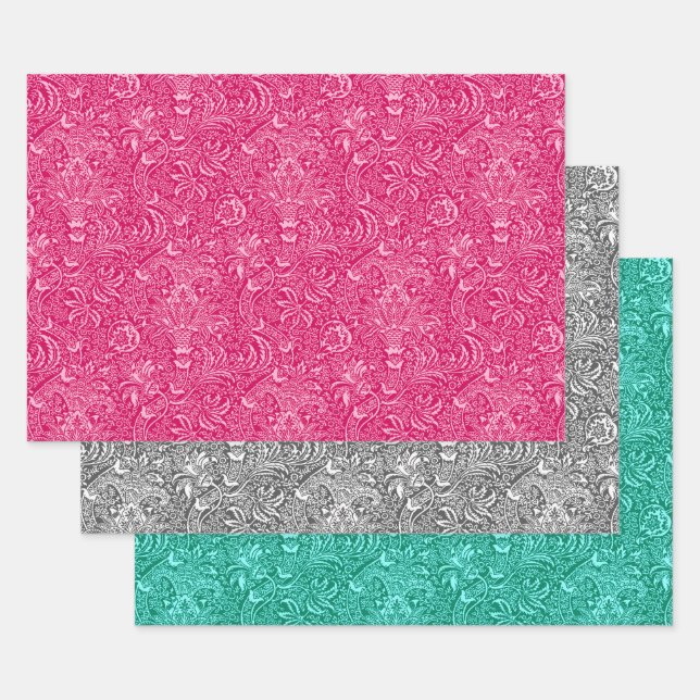 Hoja De Papel De Regalo William Morris Indian, Fuchsia Pink, Grey, Aqua (Set)