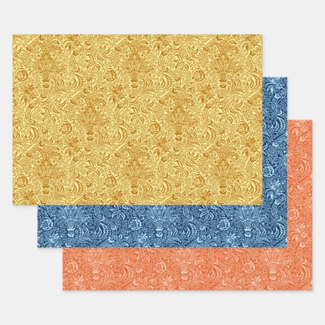 Hoja De Papel De Regalo William Morris Indian, Mustard, Blue, Naranja  (Set)