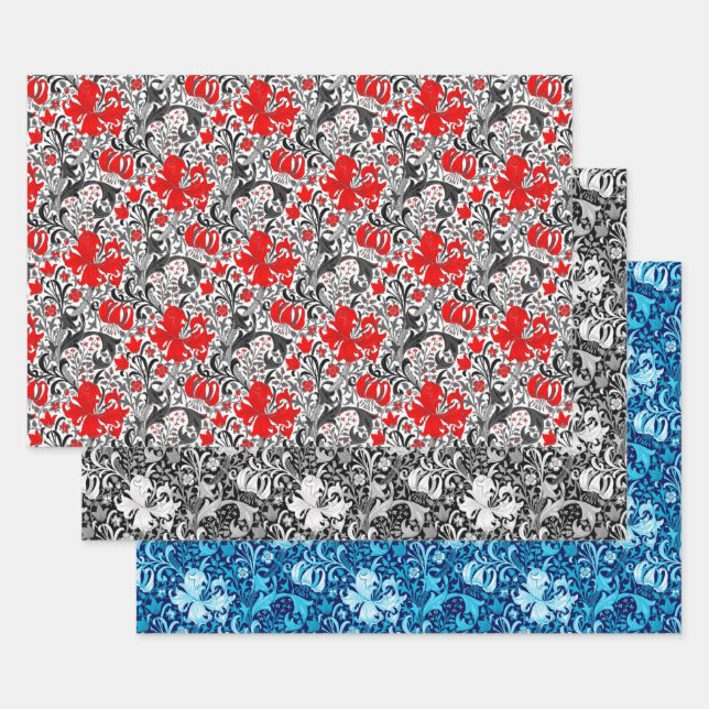 Hoja De Papel De Regalo William Morris Iris y Lily, Red, Back & Indigo (Set)
