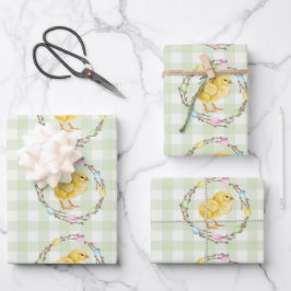 Hoja De Papel De Regalo Willow Wreath With Eggs And Chick Green Gingham