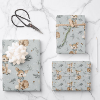 Hoja De Papel De Regalo Winter Baby Deer with Earmuffs Snowflakes and Pine