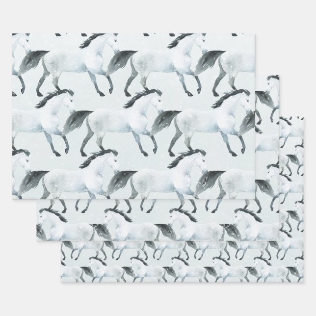 Hoja De Papel De Regalo Winter Blue Snowy White Horse (Set)