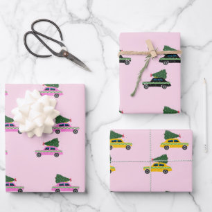 Hoja De Papel De Regalo Winter Cab Taxi Fir Tree Pattern Navidades rosados