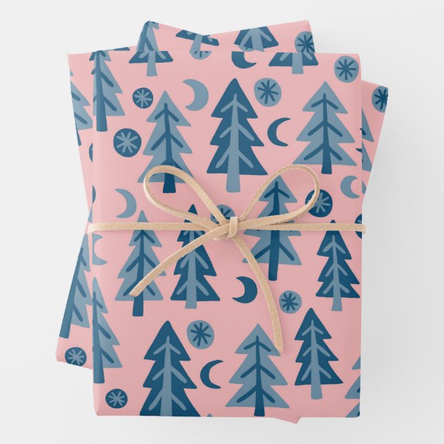 Hoja De Papel De Regalo Winter Holiday Blue Pink Trees Pattern Gift (In situ)