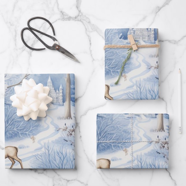 Hoja De Papel De Regalo Winter Wonderland: Árbol de Navidad azul y blanco (Anverso)