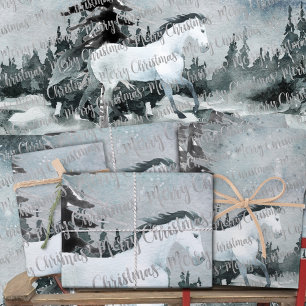 Hoja De Papel De Regalo Winter Woodland Forest White Horse Feliz Navidad