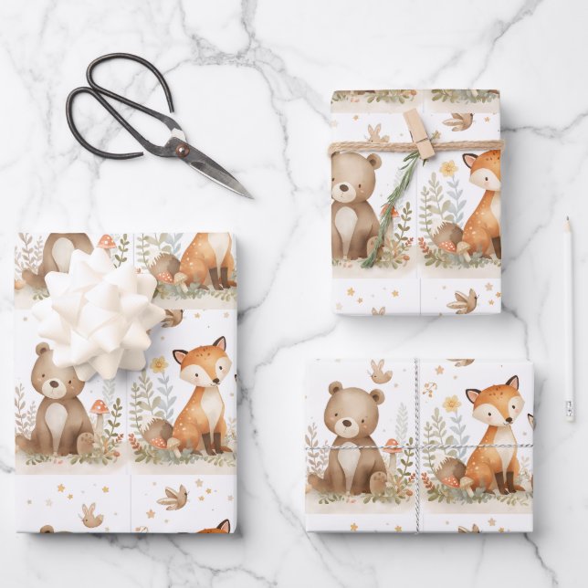 Hoja De Papel De Regalo Woodland animals Neutral Baby Shower (Anverso)