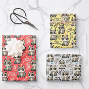 Hoja De Papel De Regalo Woodland Cute Raccoon Feliz cumpleaños