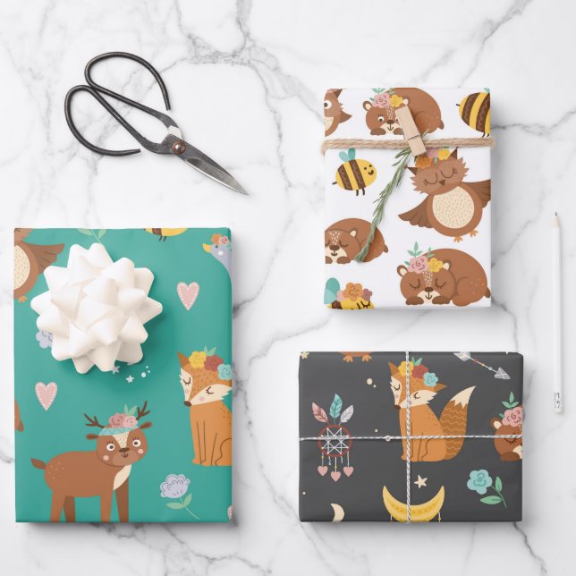 Hoja De Papel De Regalo Woodland Forest Animals Fox Deer Kids Birthday Wr