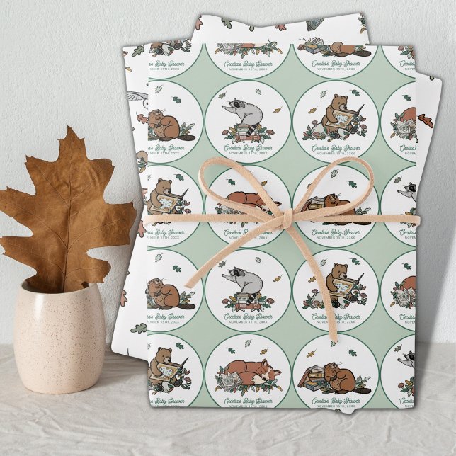 Hoja De Papel De Regalo Woodland Storybook Baby Shower (Personalized Baby Shower Wrapping Paper - Woodland Storybook Themed)