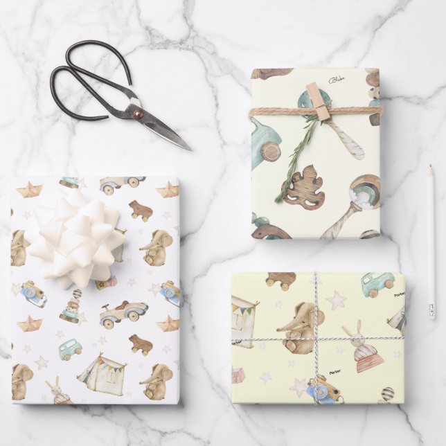 Hoja De Papel De Regalo WP Boho | Nombres en (2) Juguetes de época (Anverso)