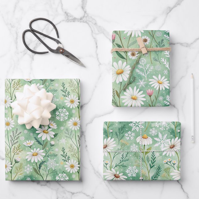 Hoja De Papel De Regalo Xmas Daisy Flowers Winter Pattern (Anverso)