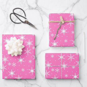 Hoja De Papel De Regalo Xmas de patrón de copos de nieve blanco y rosado