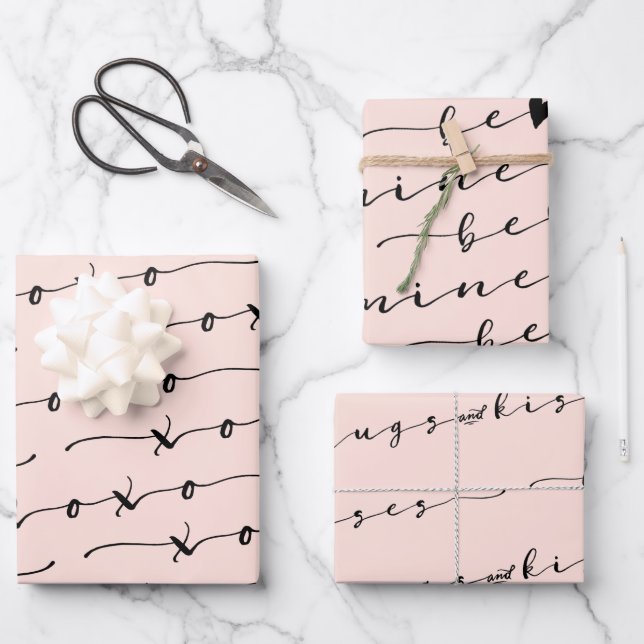 Hoja De Papel De Regalo XO XO Be Mine Pink & Black Calligraphy Valentine (Anverso)