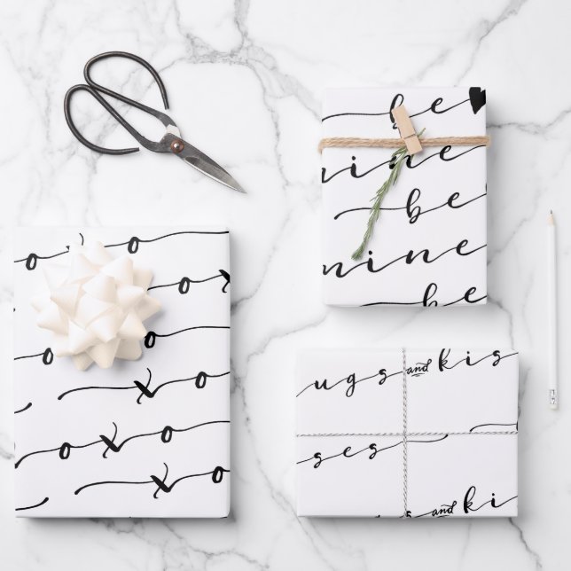 Hoja De Papel De Regalo XO XO Be Mine White & Black Calligraphy Valentine (Anverso)