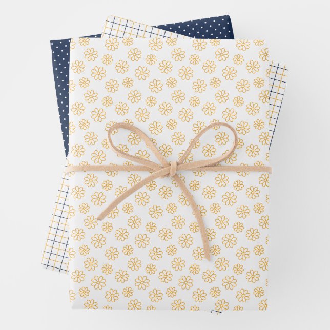 Hoja De Papel De Regalo Yellow Daisies with Navy Wrapping Paper Sheets (In situ)