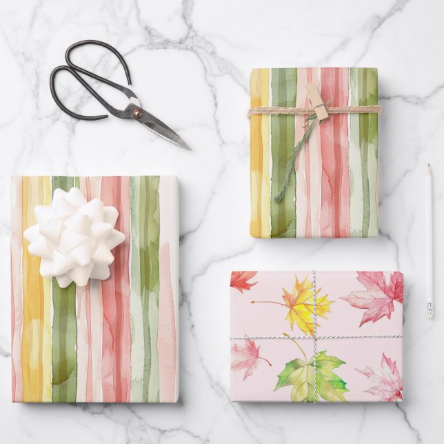 Hoja De Papel De Regalo Yellow Green Pink Orange Stripes Leaves Birthday (Anverso)