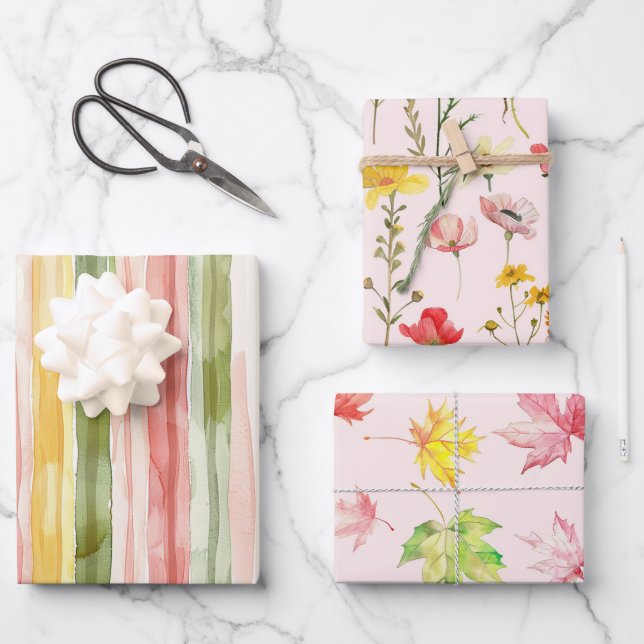 Hoja De Papel De Regalo Yellow Green Pink Stripes Leaves Floral Birthday (Anverso)