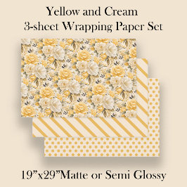 Hoja De Papel De Regalo Yellow Ivory Cream Watercolor Floral Stripes Dots