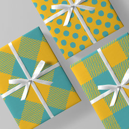 Hoja De Papel De Regalo Yellow & Teal Squiggly Buffalo Plaid & Polka Dots