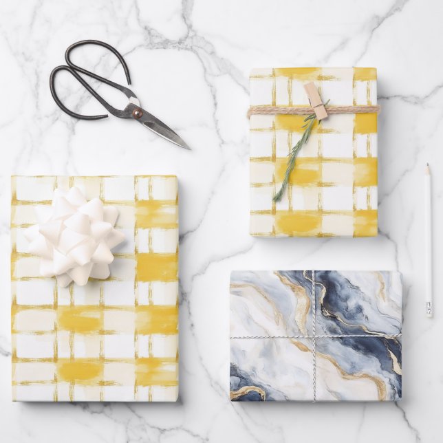 Hoja De Papel De Regalo Yellow White Plaid Stripes Blue White Birthday (Anverso)