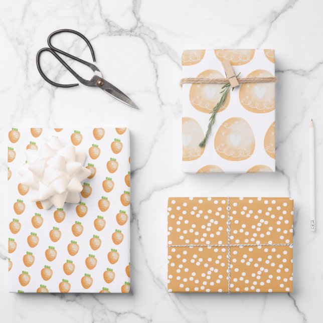 Hoja De Papel De Regalo Zanahorias Naranjas, huevos de Pascua y polkadots (Anverso)