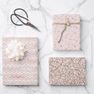 Hoja De Papel De Regalo Zig Zag, Purpurina de Glam Blanco Rosa Rubor