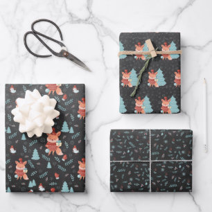 Hoja De Papel De Regalo Zorro navideño de bosque lindo negro