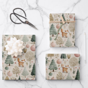 Hoja De Papel De Regalo Zorro Rústico y Árbol de Navidad con Adorno Pastel
