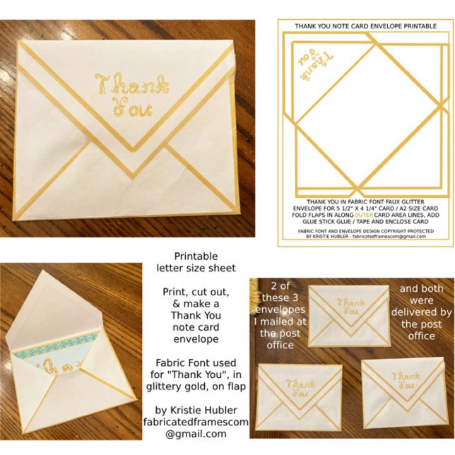 Hoja de papel de sobre de regalo de agradecimiento (Thank You Card Printable Paper Sheet for A2 note card / postcard, with glittery gold Fabric Font)