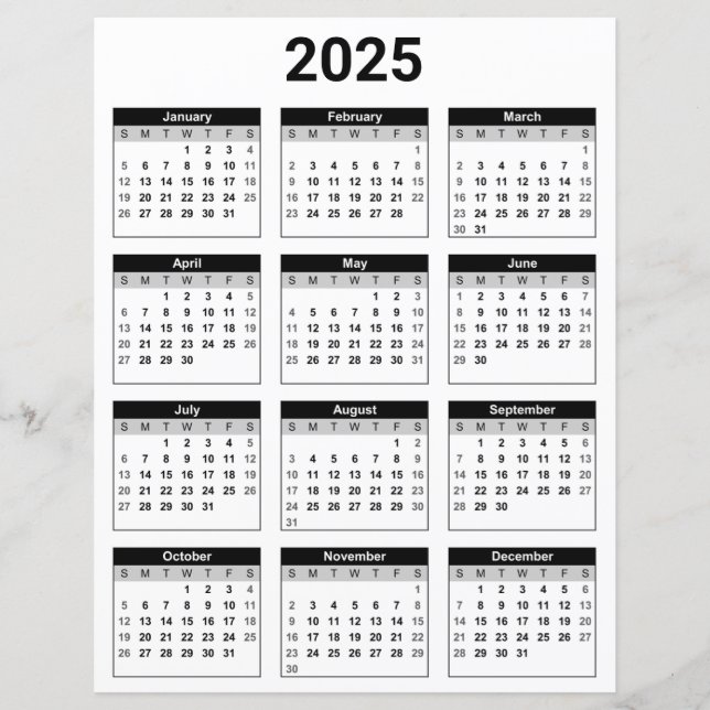 Hoja de papel del calendario anual de 2025 en blan (Anverso)