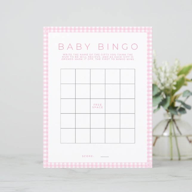 Hoja de papel del juego de Bingo rosa para baby sh (Anverso de pie)