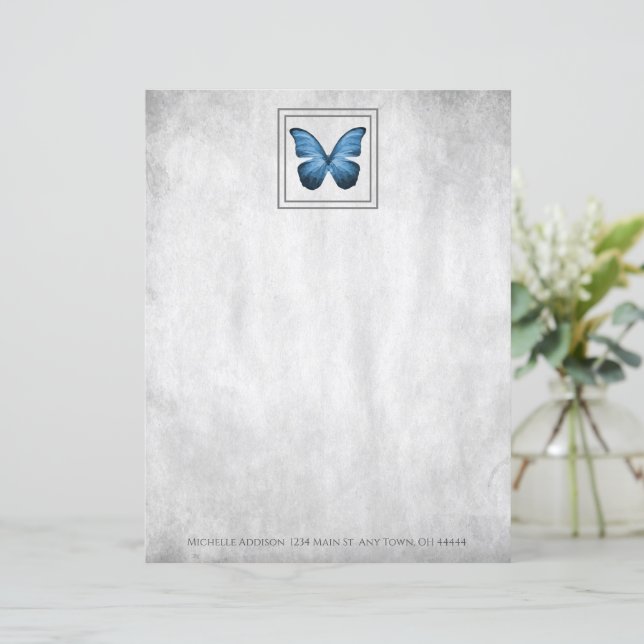 Hoja de papel personalizada de mariposa azul (Anverso de pie)
