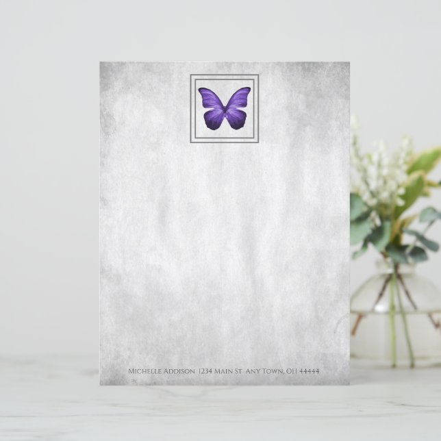 Hoja de papel personalizada de mariposa morada (Anverso de pie)