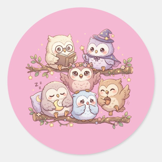 Hoja de pegatinas de amigos búhos pastel adorables (Anverso)