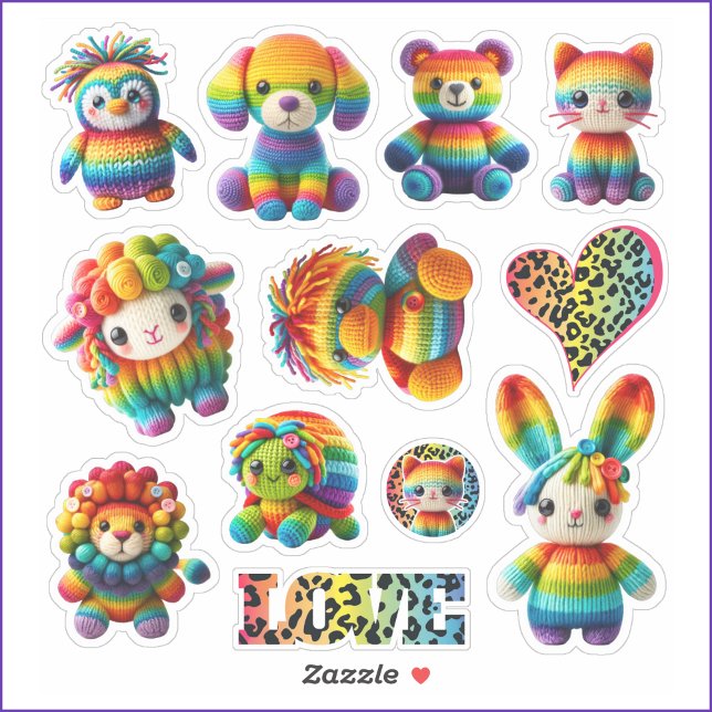 Hoja de Pegatinas de impresión de leopardo y anima (Cute Rainbow Knitted Animal Stickers are fun for back to school or stocking or basket filler. 8x8")